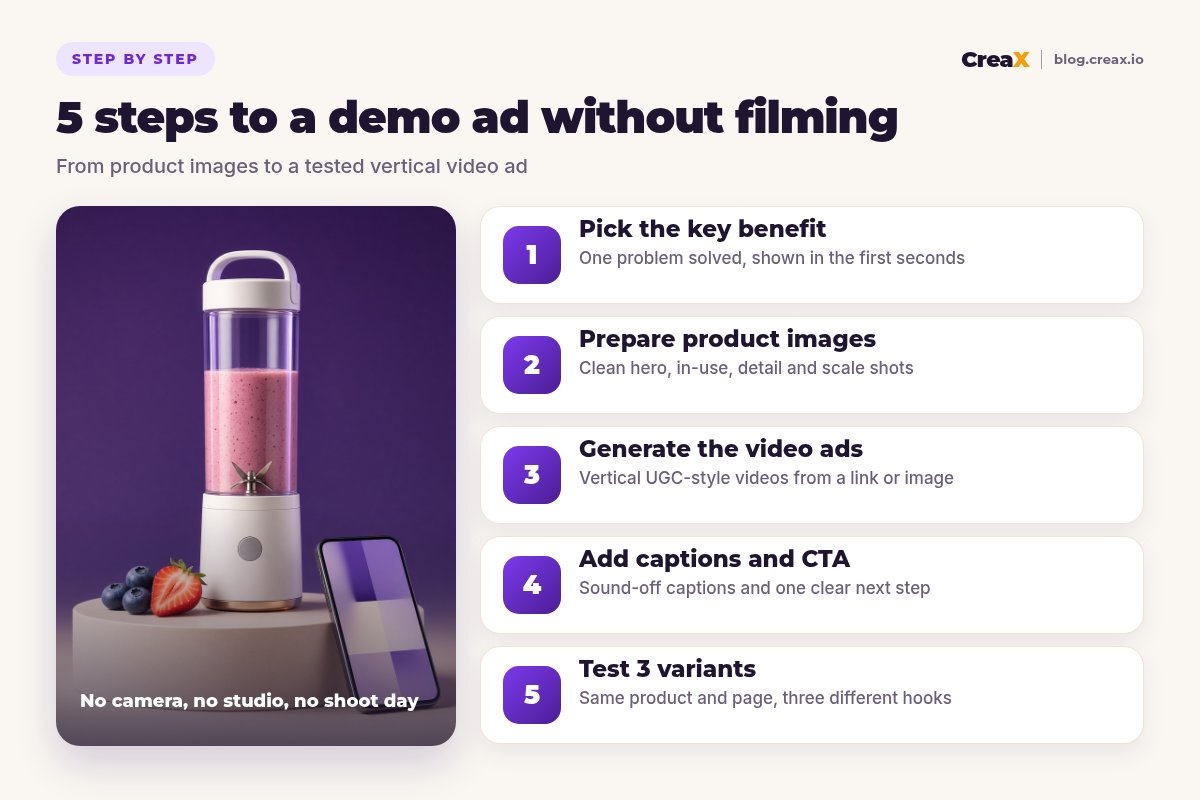 Five-step diagram for product demo video ads without filming: pick the key benefit, prepare product images, generate the video ads, add captions and CTA, test 3 variants.