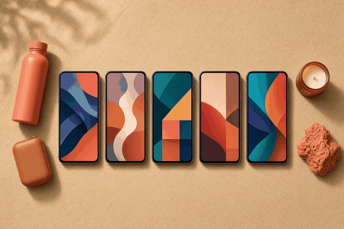 Five smartphones in a row on a sand-colored surface, each showing a different abstract vertical video frame, with small products placed between them