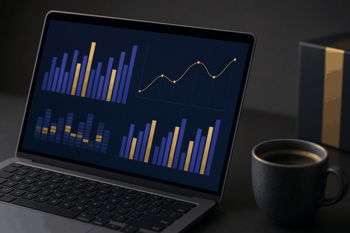 A laptop screen showing an abstract analytics dashboard with indigo and gold bar and line charts next to a coffee cup