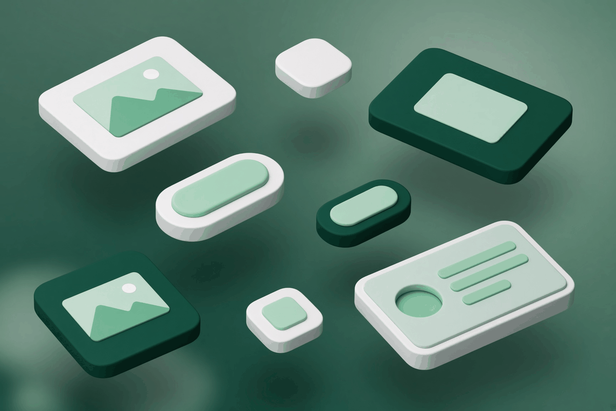 Floating 3D web page building blocks such as image blocks, button pills and review cards in emerald and mint tones