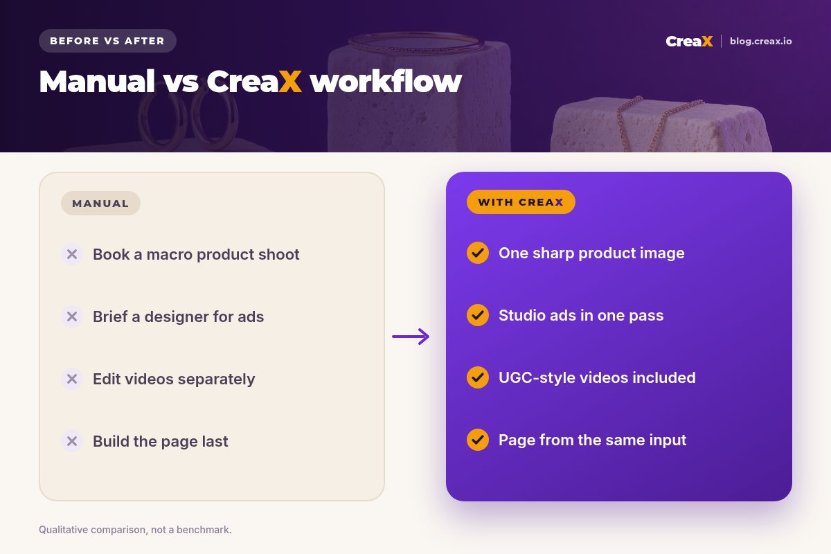 Before and after: the manual jewelry ad workflow (book a macro product shoot, brief a designer for ads, edit videos separately, build the page last) versus the CreaX workflow (one sharp product image, studio ads in one pass, UGC-style videos included, page from the same input).