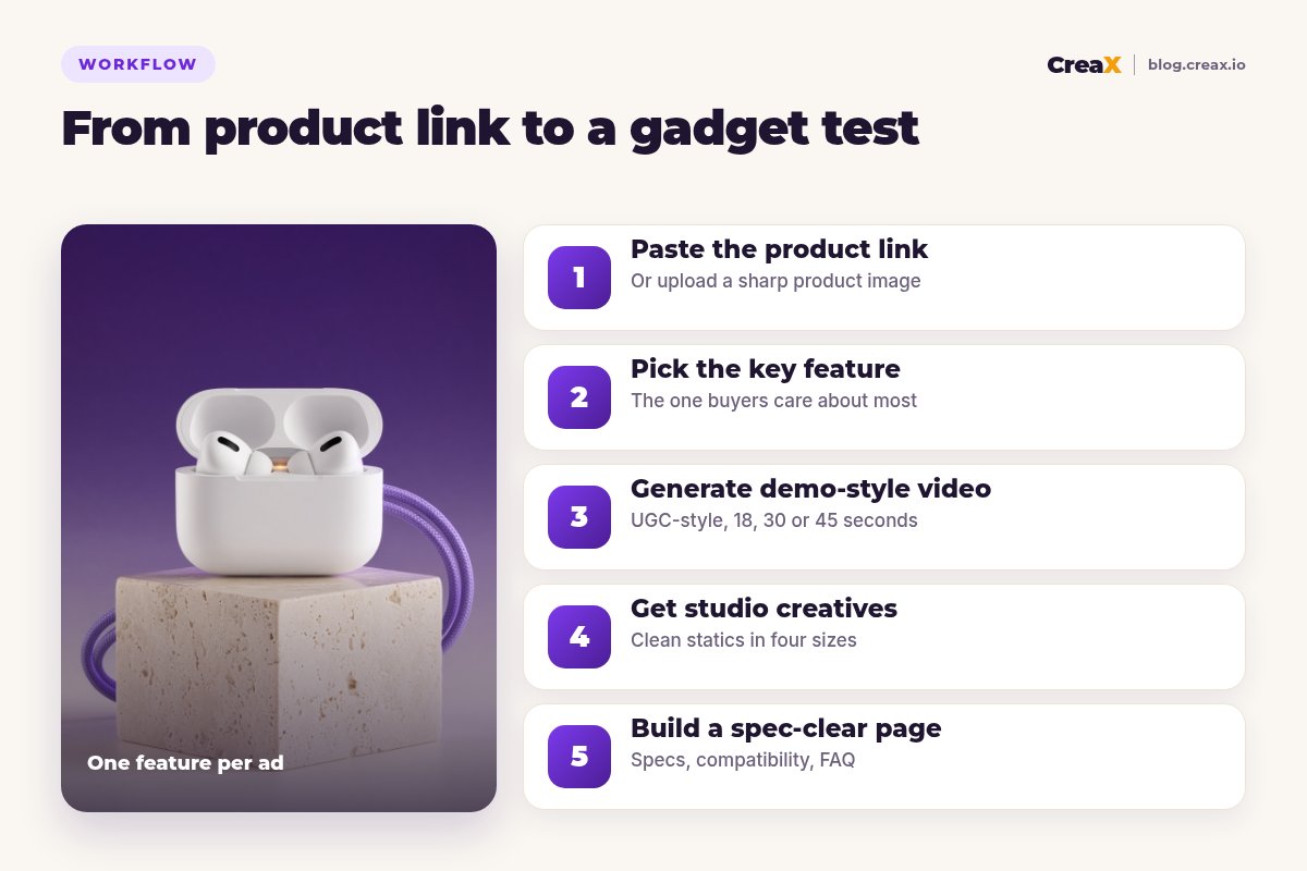 Five-step workflow for an electronics store using CreaX: paste the product link, pick the key feature, generate demo-style video, get studio creatives, build a spec-clear page.