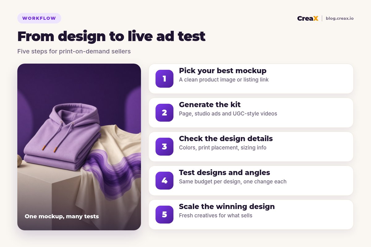 Five-step workflow for print-on-demand sellers: pick your best mockup, generate the kit, check the design details, test designs and angles, scale the winning design.