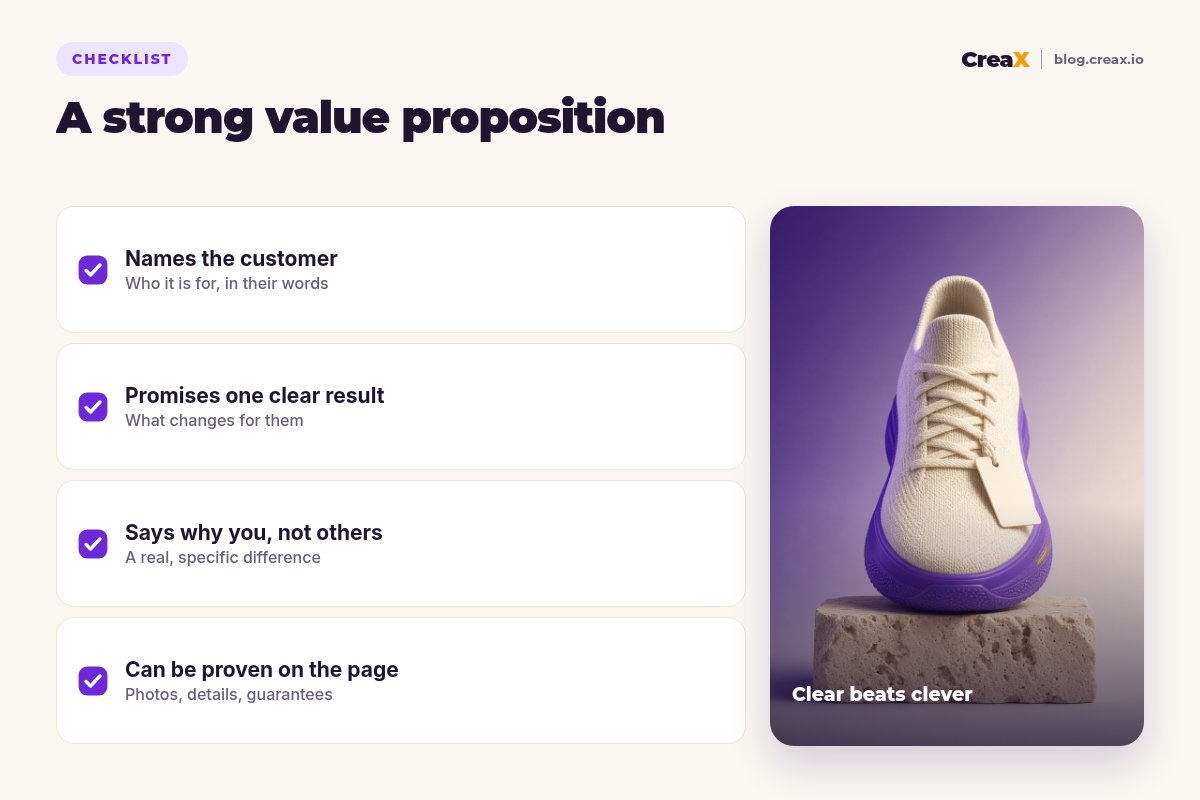 Checklist for a strong value proposition: names the customer, promises one clear result, says why you and not others, and can be proven on the page.