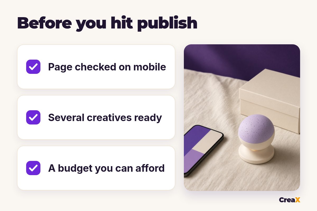 Checklist 'Before you hit publish': page checked on mobile, several creatives ready, a budget you can afford.