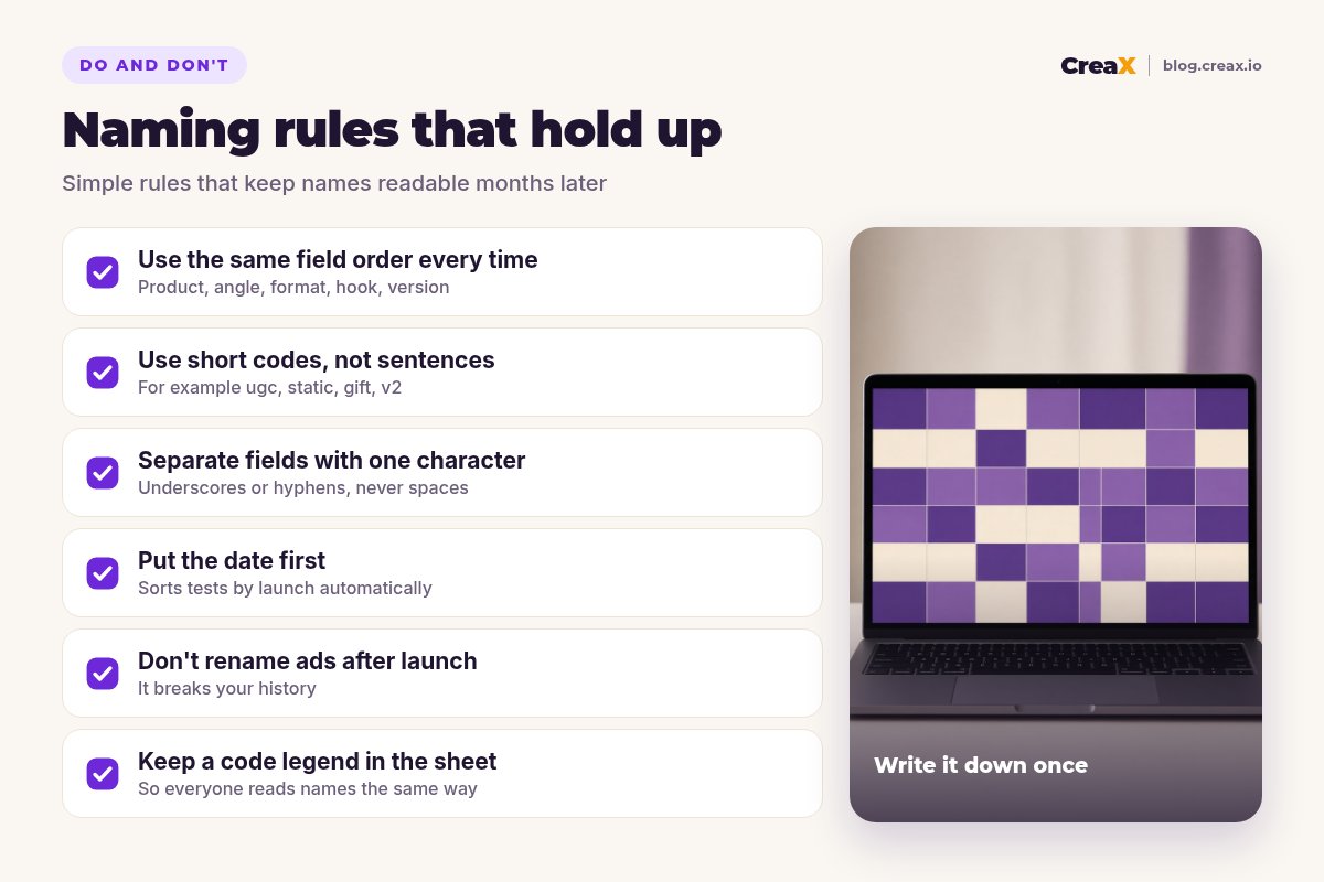Checklist of naming rules: same field order, short codes, one separator, date first, no renaming after launch, and a code legend in the sheet.