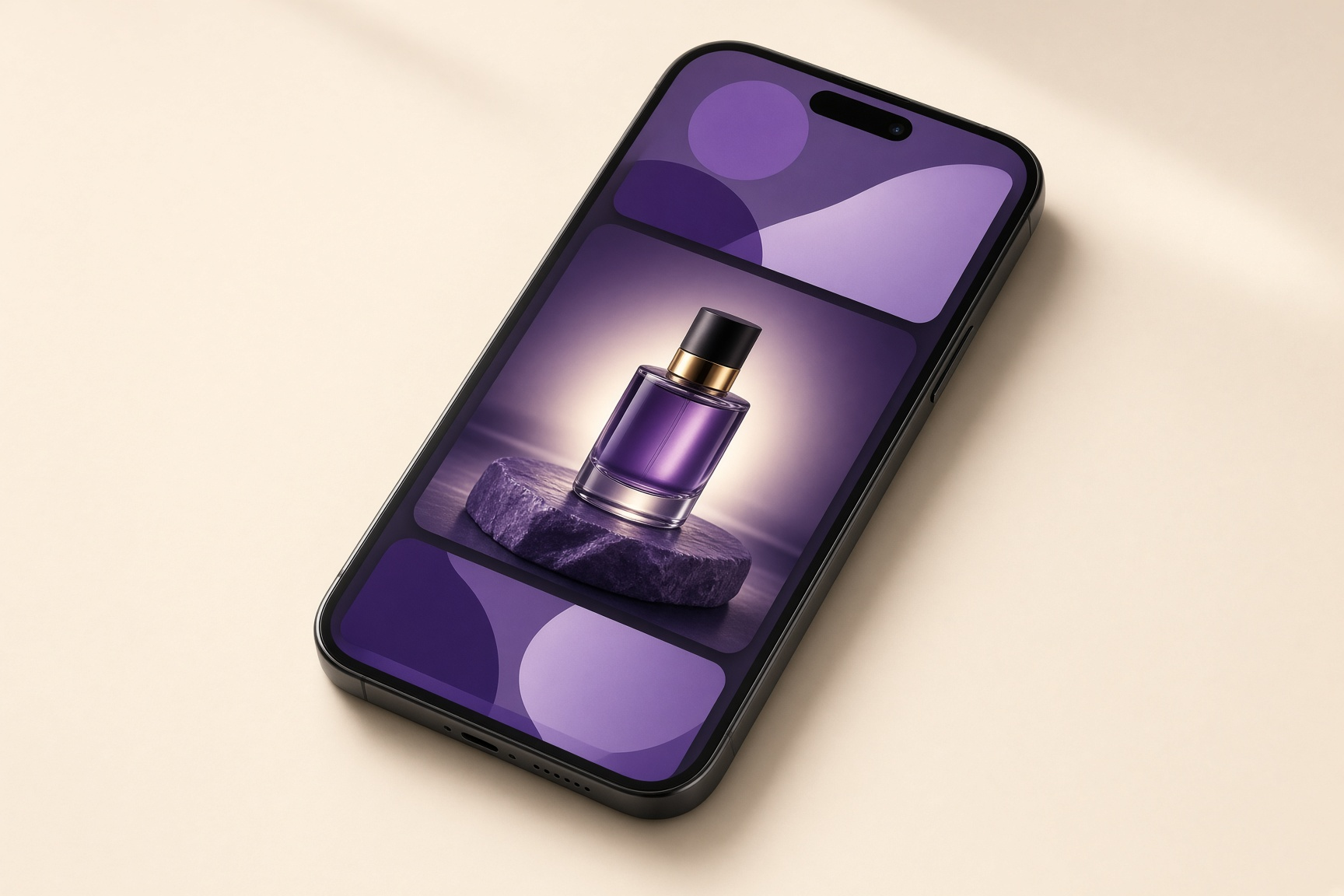 Phone showing a social feed of abstract purple cards with a glowing product bottle studio shot in the middle card