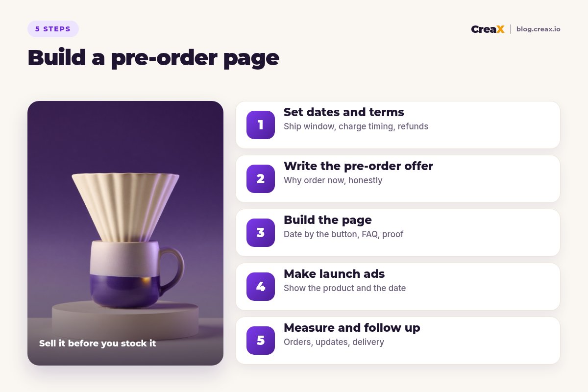 Five steps to build a pre-order page: set dates and terms, write the pre-order offer, build the page, make launch ads, measure and follow up.