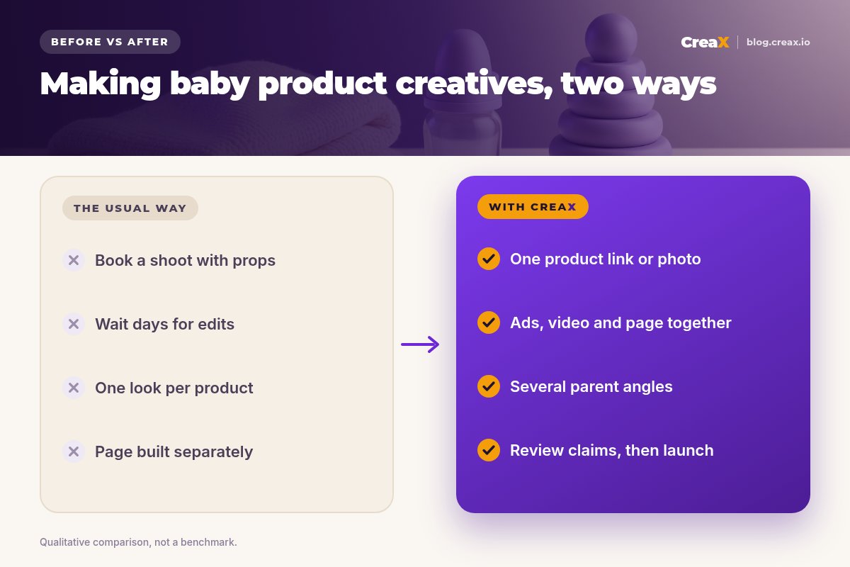 Before and after panel: the usual way with a shoot, days of edits, one look and a separate page, versus CreaX with one product link, ads, video and page together, several parent angles and a claim review before launch.