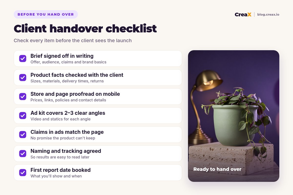 Client handover checklist: brief signed off in writing, product facts checked with the client, store and page proofread on mobile, ad kit covers 2–3 clear angles, claims in ads match the page, naming and tracking agreed, first report date booked.