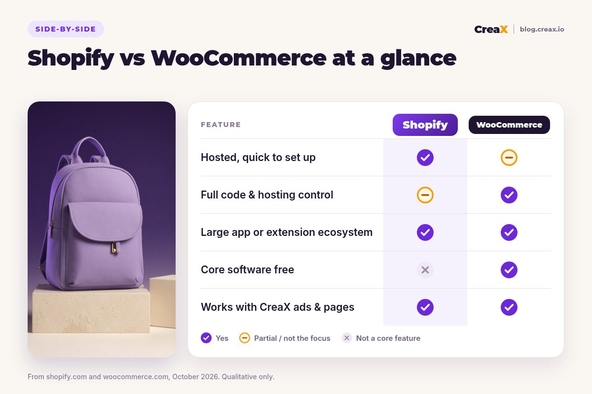 Comparison card, Shopify vs WooCommerce at a glance: Shopify is hosted and quick to set up; WooCommerce gives full code and hosting control and its core software is free; both have large app or extension ecosystems and both work with CreaX ads and pages.