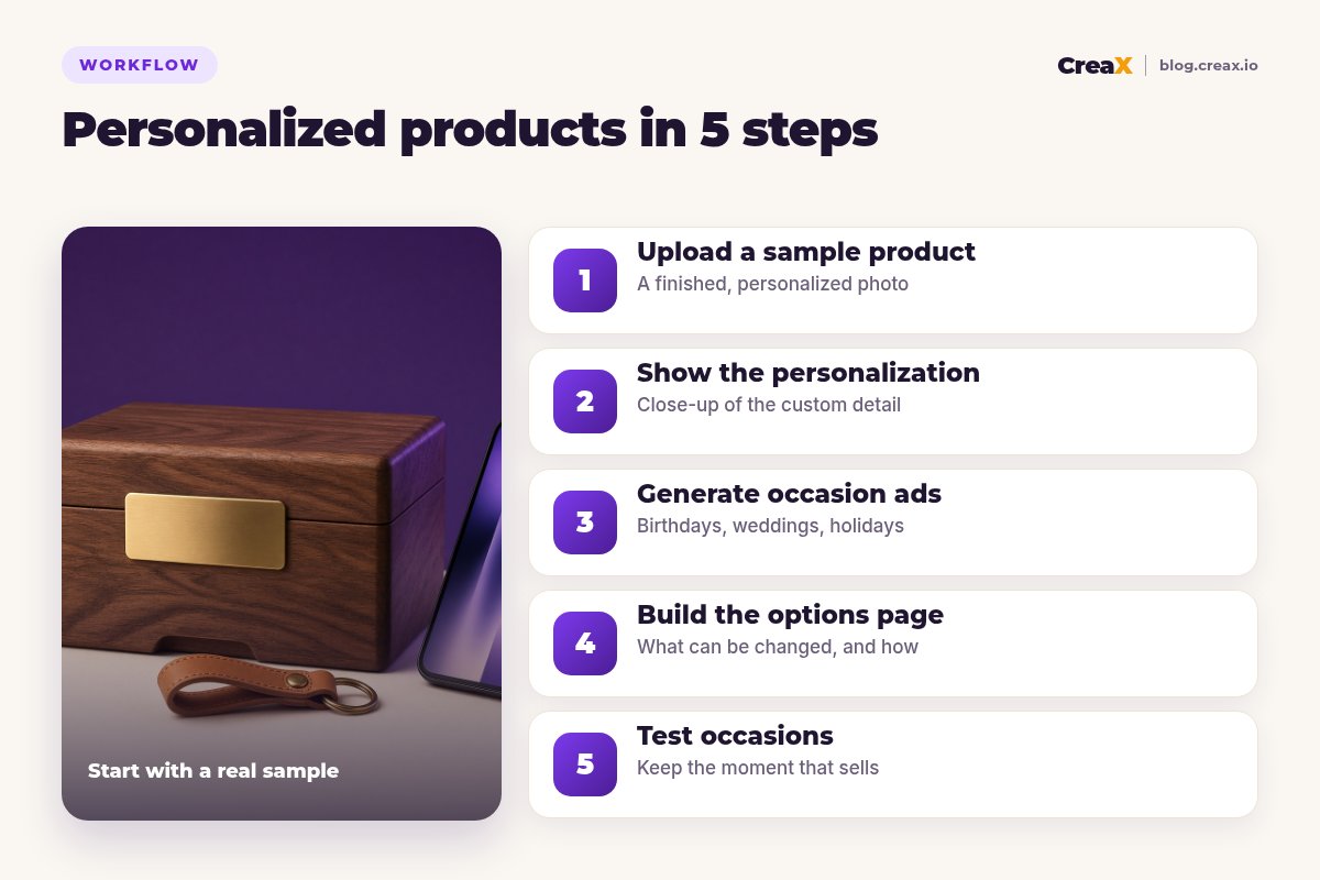 Five-step workflow for personalized gift shops with CreaX: upload a sample product, show the personalization, generate occasion ads, build the options page, test occasions.