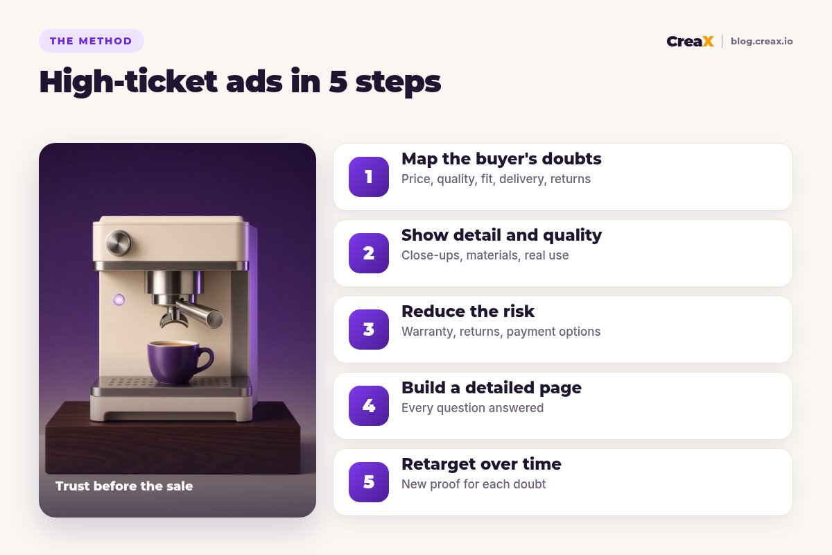 Five steps for high-ticket product ads: map the buyer's doubts, show detail and quality, reduce the risk, build a detailed page, retarget over time.