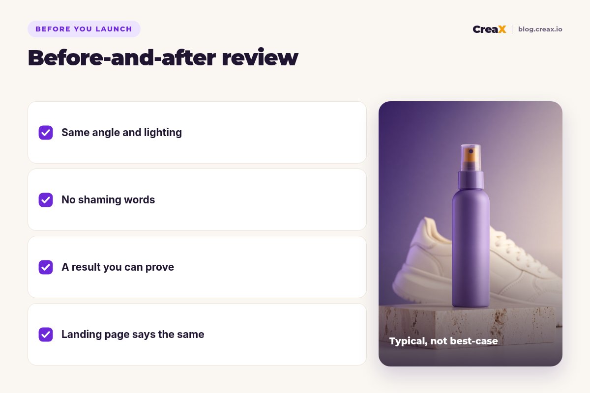 Pre-launch review checklist for before-and-after ads: same angle and lighting, no shaming words, a result you can prove, landing page says the same.