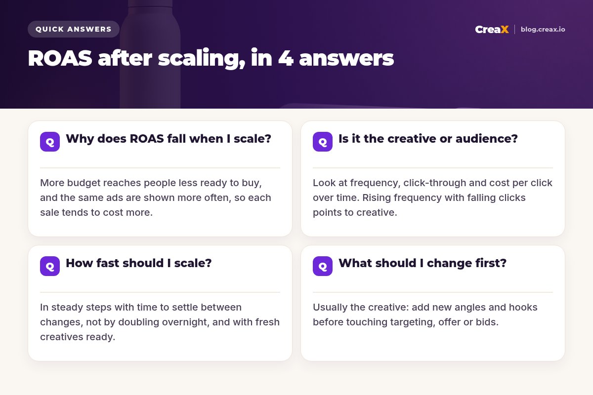 FAQ card with four quick answers about ROAS after scaling: why ROAS falls, whether it is the creative or the audience, how fast to scale and what to change first.
