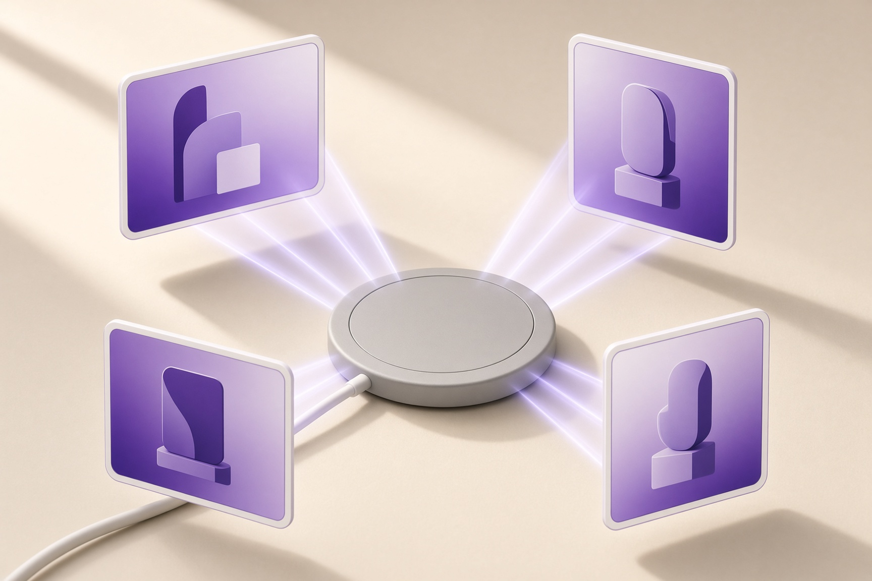 Single product photo of a wireless charger connected by light rays to four surrounding blank ad frames