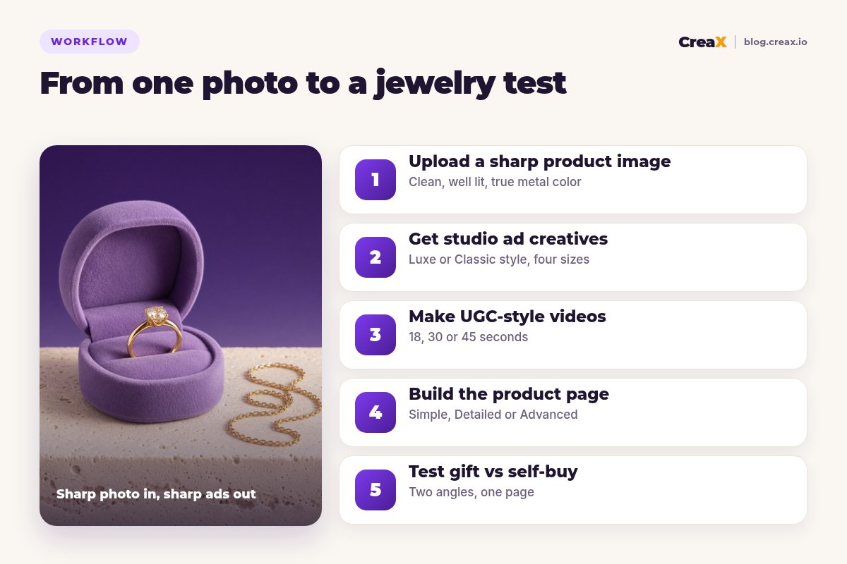 Five-step CreaX workflow for jewelry brands: upload a sharp product image, get studio ad creatives, make UGC-style videos, build the product page, test gift versus self-buy angles.