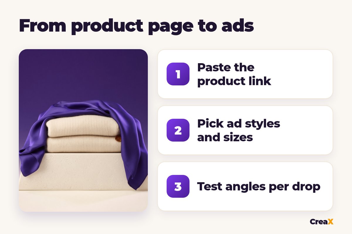 Three steps for fashion brands: paste the product link, pick ad styles and sizes, test angles per drop.
