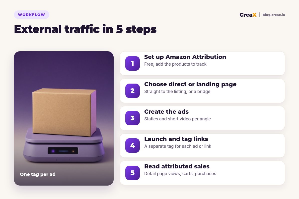 Five-step workflow for driving external traffic to Amazon: set up Amazon Attribution, choose direct or landing page, create the ads, launch and tag links, read attributed sales.