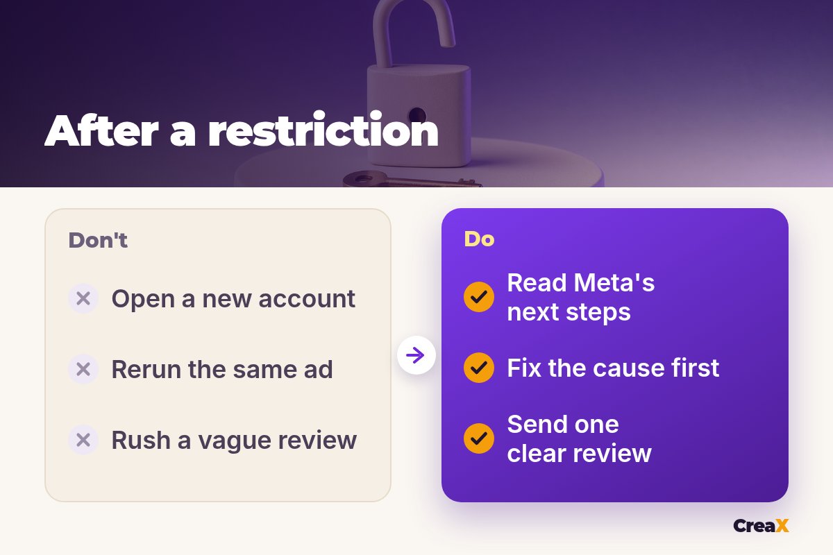 Before and after: Don't open a new account, rerun the same ad or rush a vague review. Do read Meta's next steps, fix the cause first and send one clear review.