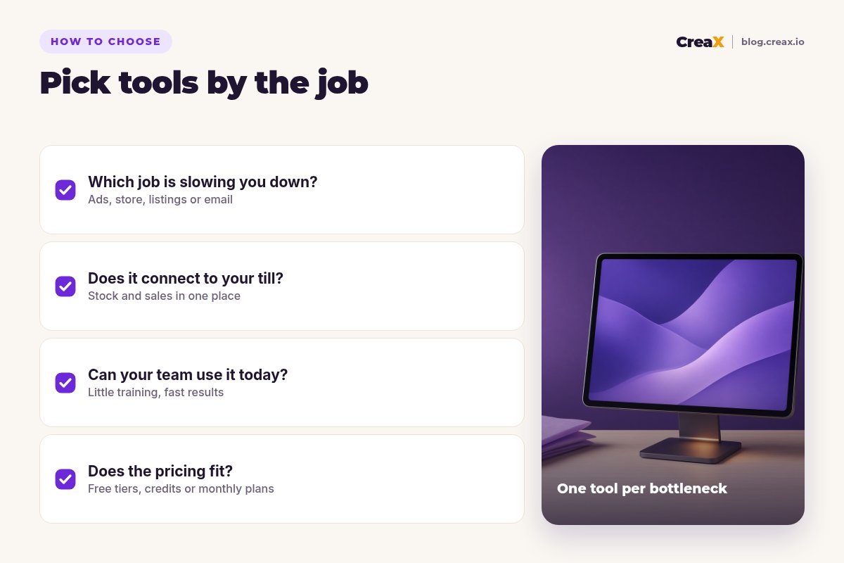 Checklist, pick tools by the job: which job is slowing you down, does it connect to your till, can your team use it today, does the pricing fit.