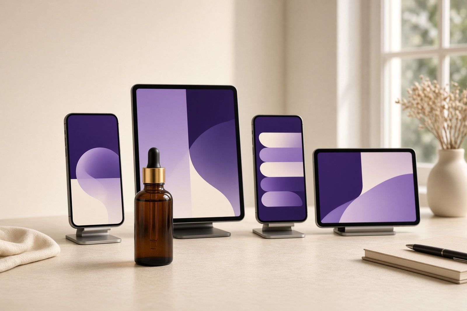 A cream desk with several smartphones and tablets each showing a different abstract violet product ad layout around a single amber skincare bottle