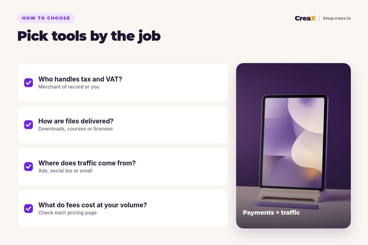 Checklist to pick digital product tools: who handles tax and VAT, how files are delivered, where traffic comes from, and what fees cost at your volume.