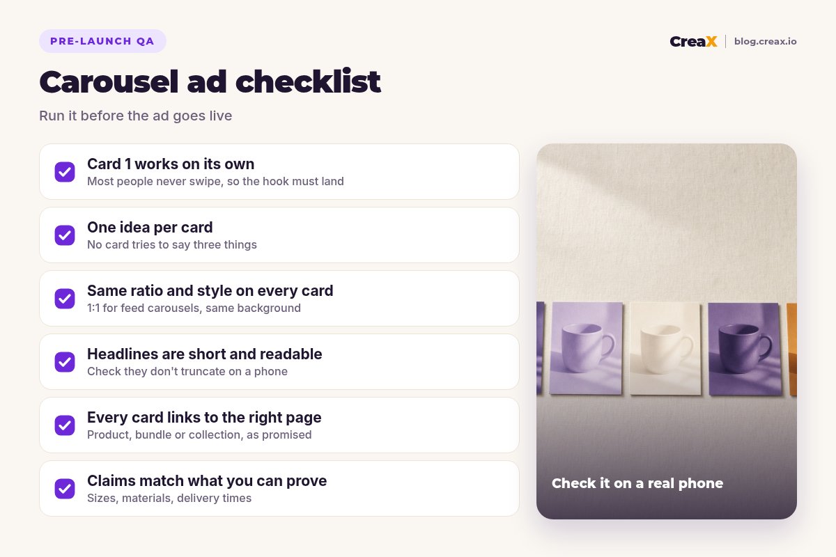 Carousel ad pre-launch checklist: card 1 works on its own, one idea per card, same ratio and style on every card, short readable headlines, every card links to the right page, claims match what you can prove.