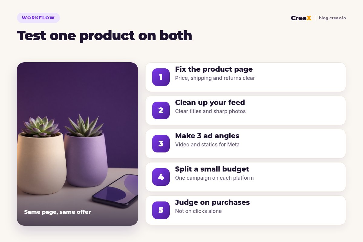 Five-step workflow to test one product on Google Shopping and Meta Ads: fix the product page, clean up your feed, make three ad angles, split a small budget, judge on purchases.