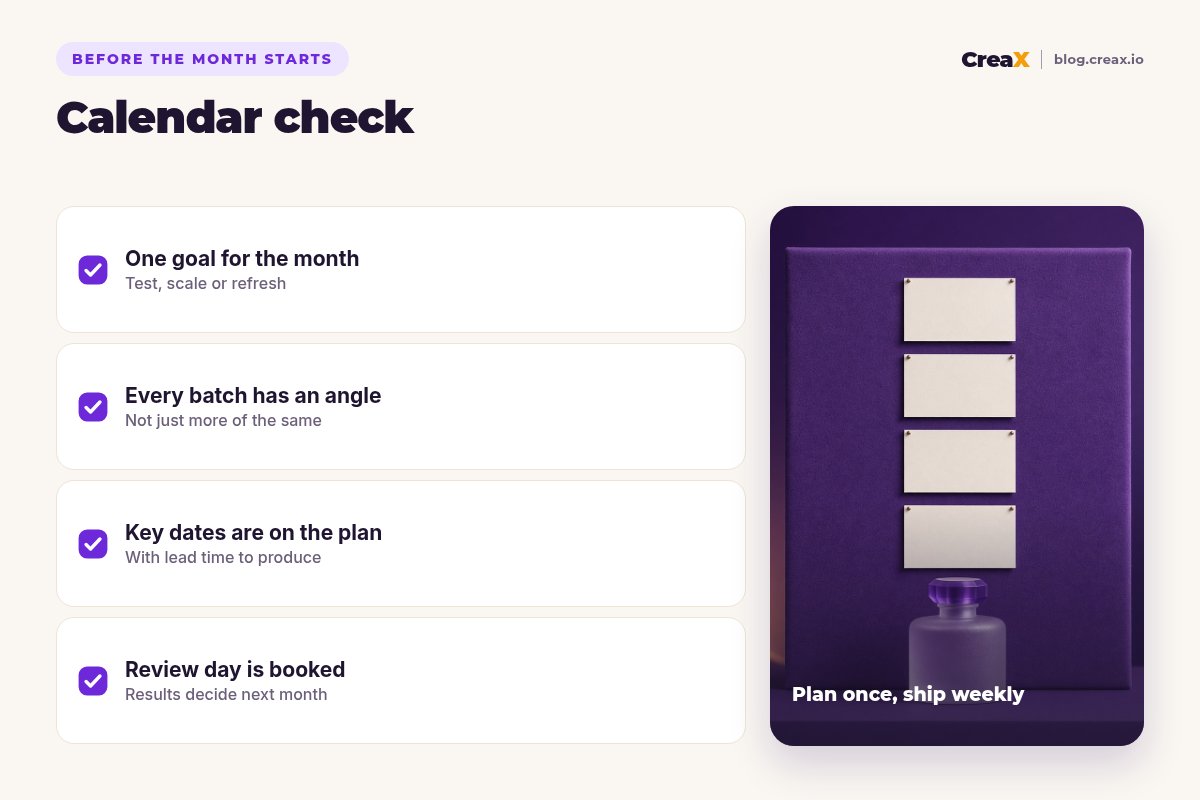 Ad creative calendar checklist: one goal for the month, every batch has an angle, key dates are on the plan with lead time, review day is booked.