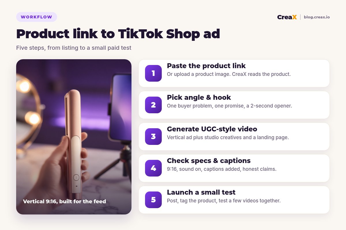Workflow infographic with five steps: paste the product link, pick angle and hook, generate a UGC-style video, check specs and captions, launch a small test.