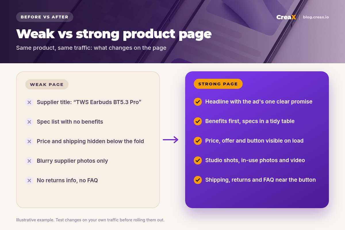 Before and after panel: a weak product page with a supplier title, spec list, hidden price and blurry photos versus a strong page with a clear promise, benefits first, visible price and button, studio and in-use photos, and shipping and returns near the button.