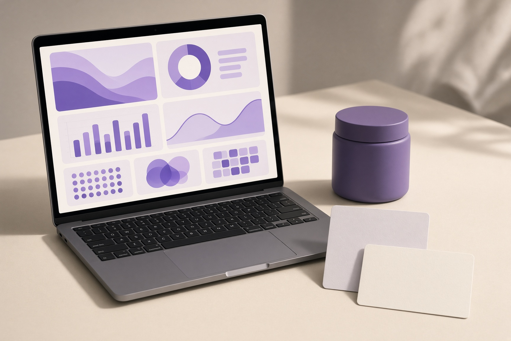 Laptop showing an abstract multi-panel ad dashboard beside a product jar and blank mockup cards