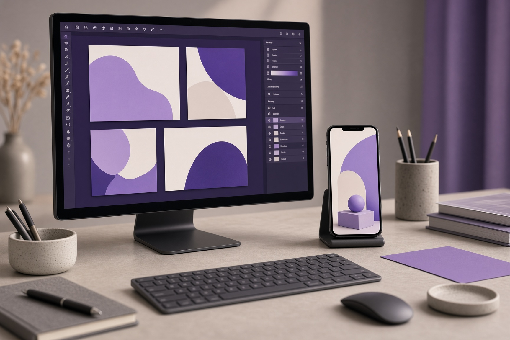 Designer desk with abstract purple artboards on a monitor next to a phone showing a finished product ad creative