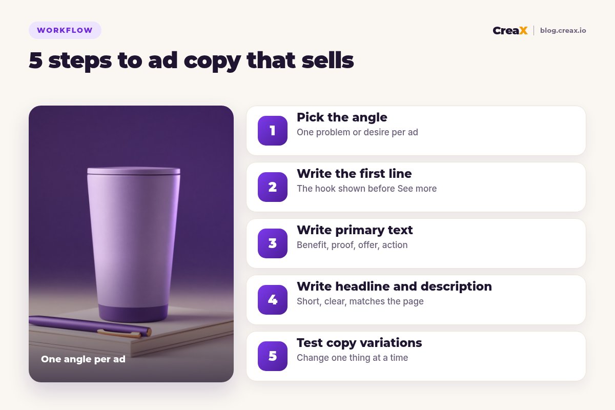 Five steps to Facebook ad copy that sells: pick the angle, write the first line, write primary text, write headline and description, test copy variations.