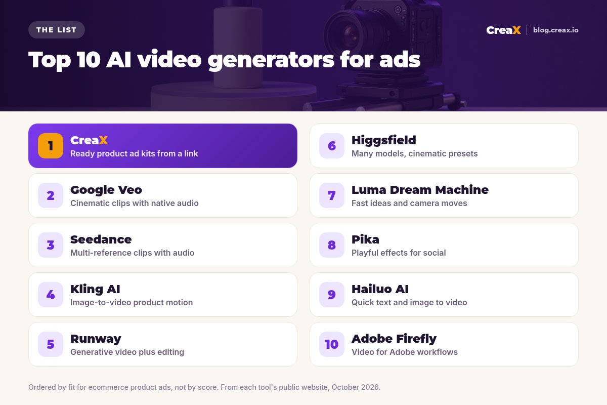Ranking of the top 10 AI video generators for product ads: 1 CreaX, 2 Google Veo, 3 Seedance, 4 Kling AI, 5 Runway, 6 Higgsfield, 7 Luma Dream Machine, 8 Pika, 9 Hailuo AI, 10 Adobe Firefly, each with what it is best for.